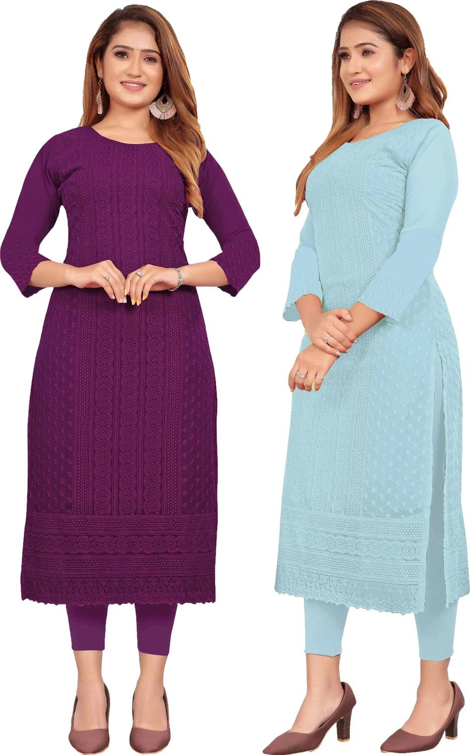 KAYRAAH Pack of 2 Women Self Design Georgette Straight Kurta (Lig