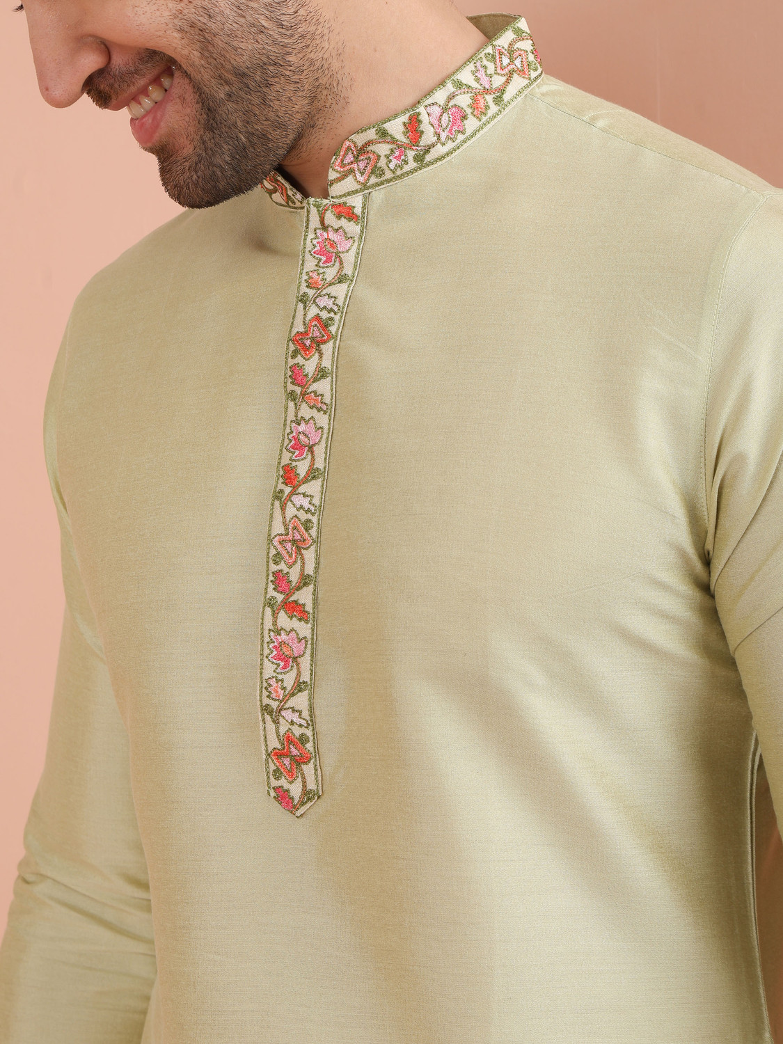 Image of Kisah Solid Silk Blend Straight Kurta for Men (Beige)