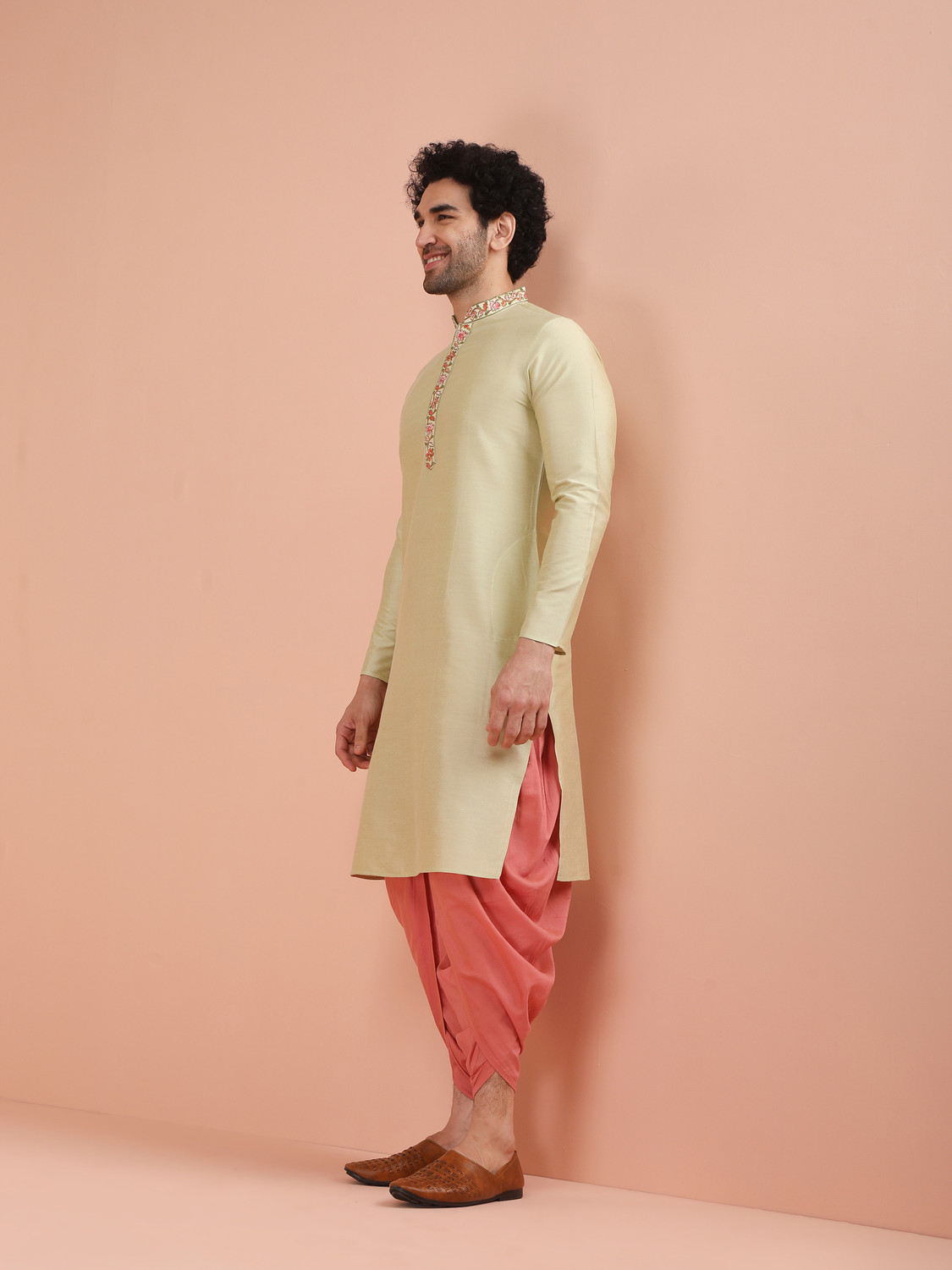 Image of Kisah Solid Silk Blend Straight Kurta for Men (Beige)