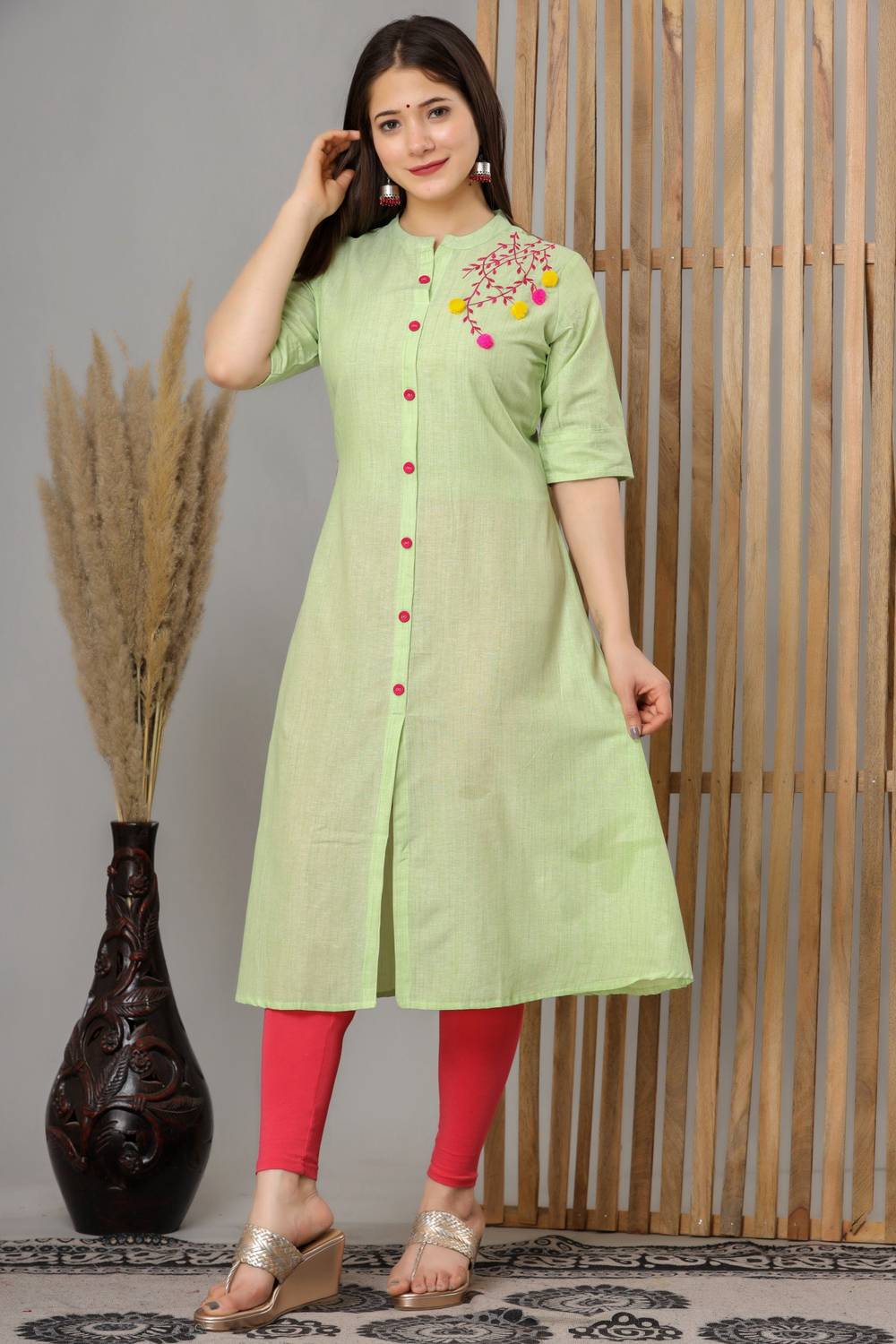 Dizon Women Embroidered Cotton Blend A-line Kurta (Dark Green)