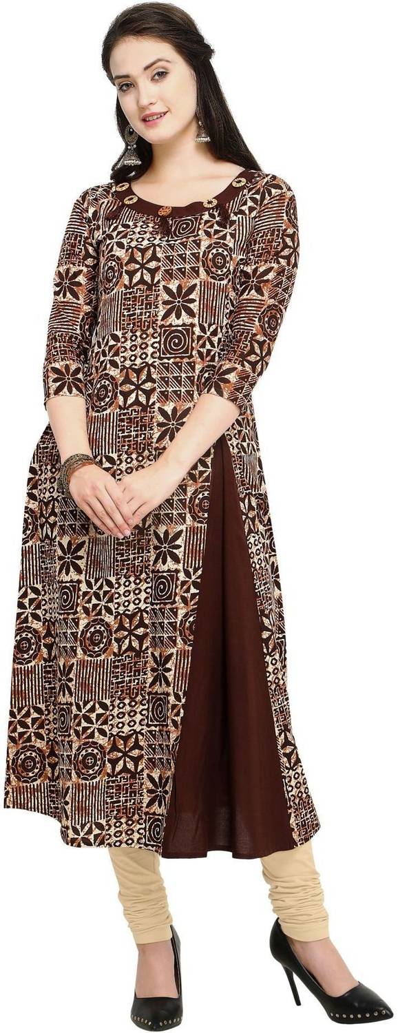 SHOPPING QUEEN Women Printed Pure Cotton A-line Kurta (Brown)