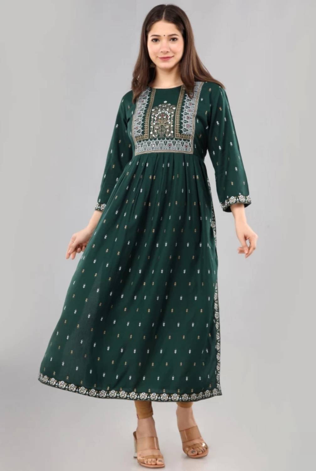 JAYROSH Women Printed Viscose Rayon Flared Kurta (Green)