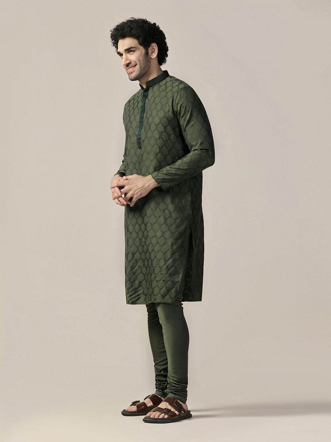 Image of Kisah Woven Design Silk Blend Straight Kurta for Men (Green)