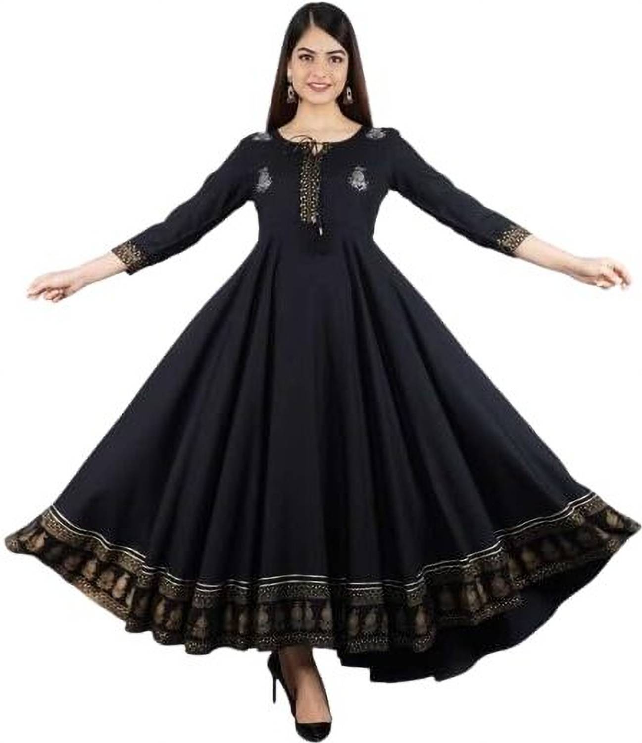 Style N Trend Women Printed Viscose Rayon Anarkali Kurta (Black)