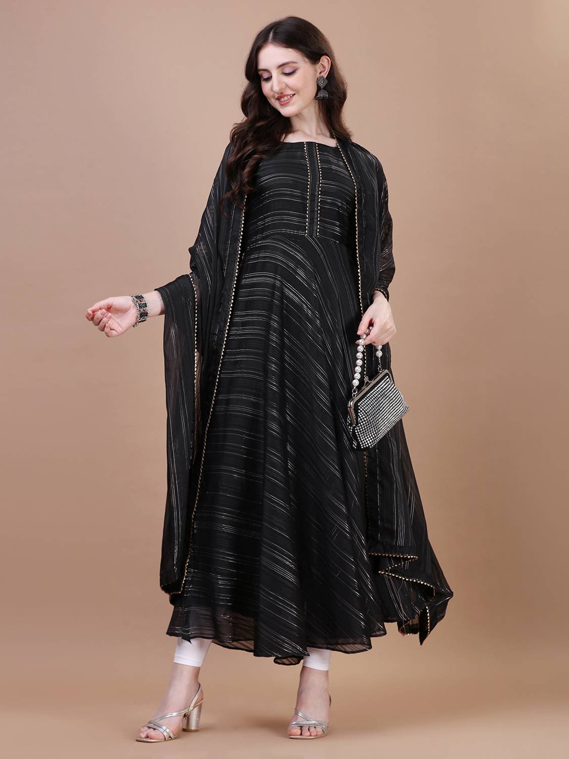 PMD Fashion Women Striped Georgette Anarkali Kurta With Attached