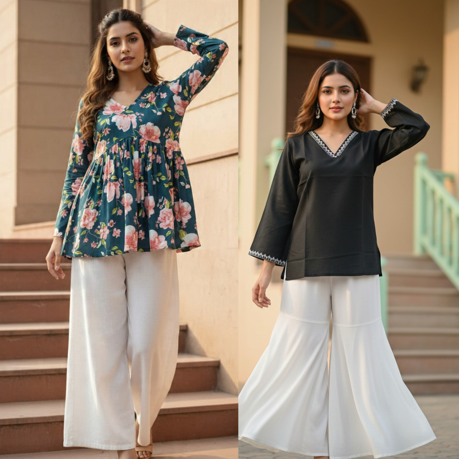 Image of Gvastra Pack of 2 Printed Viscose Rayon Flared Kurta for Women (Multicolor)