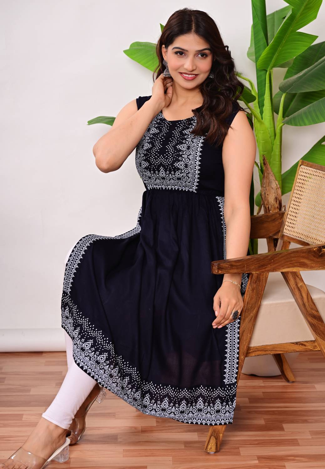 SHREE BDREE Women Printed Viscose Rayon Flared Kurta (Blue)