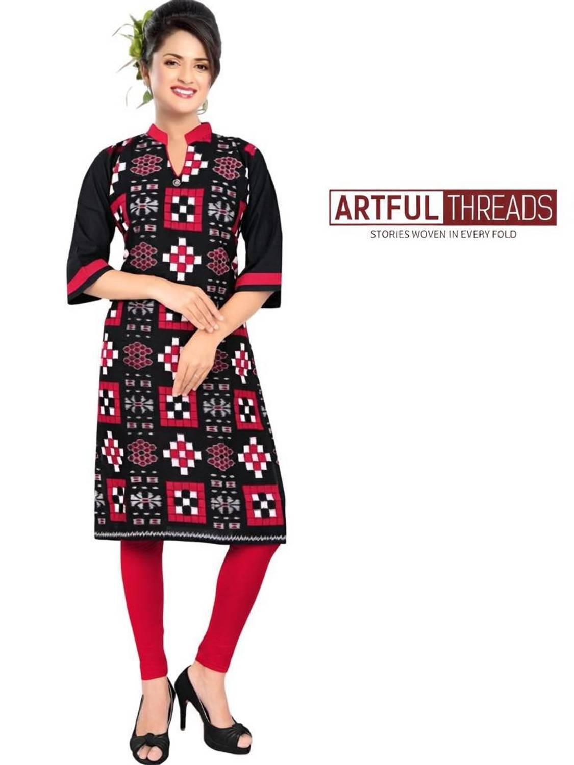 ARTFULTHREADS Women Ikat, Geometric Print, Woven Design, Printed Straight Kurta