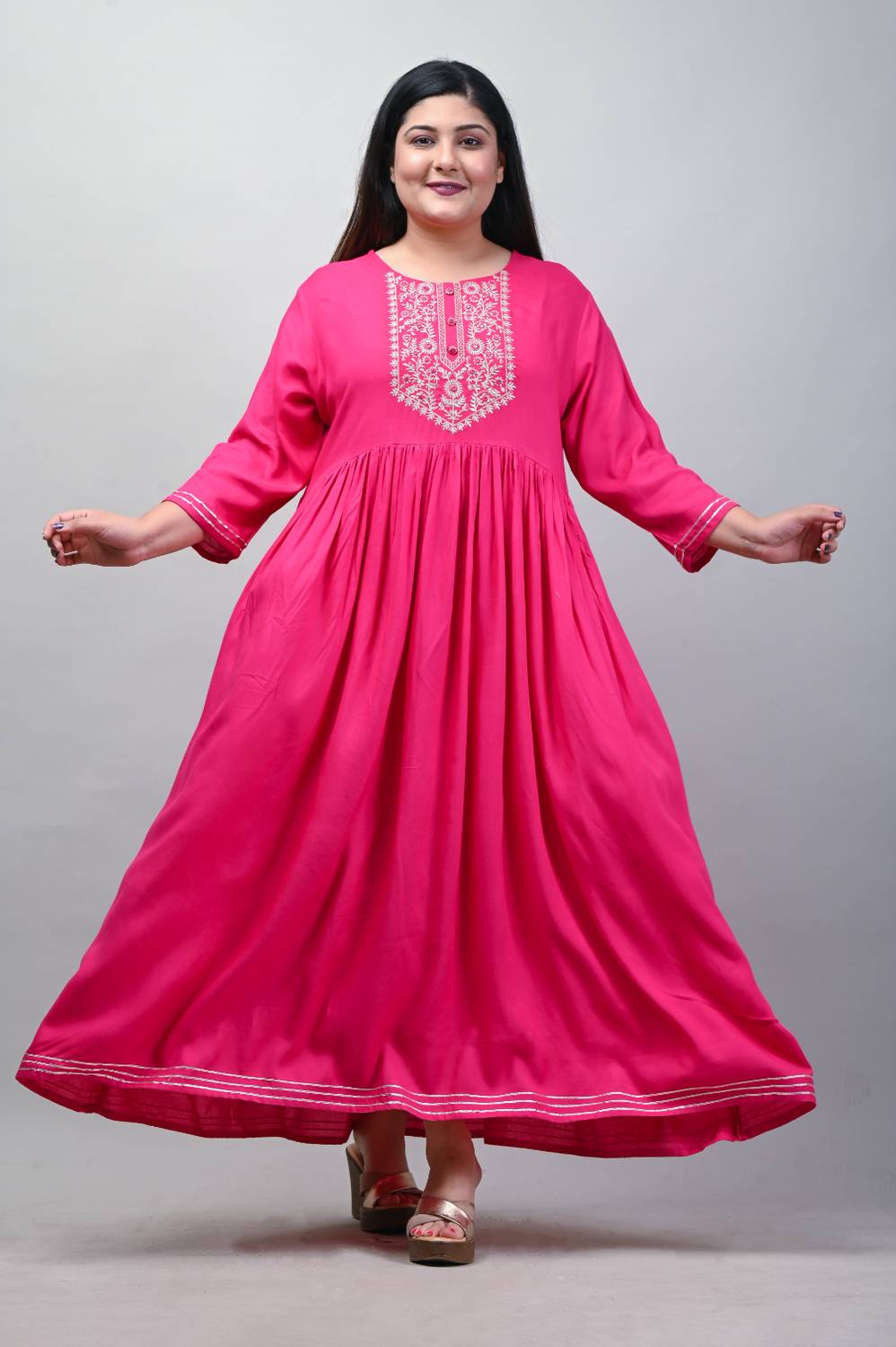 Swasti Women Embroidered Cotton Blend Gown Kurta (Pink)