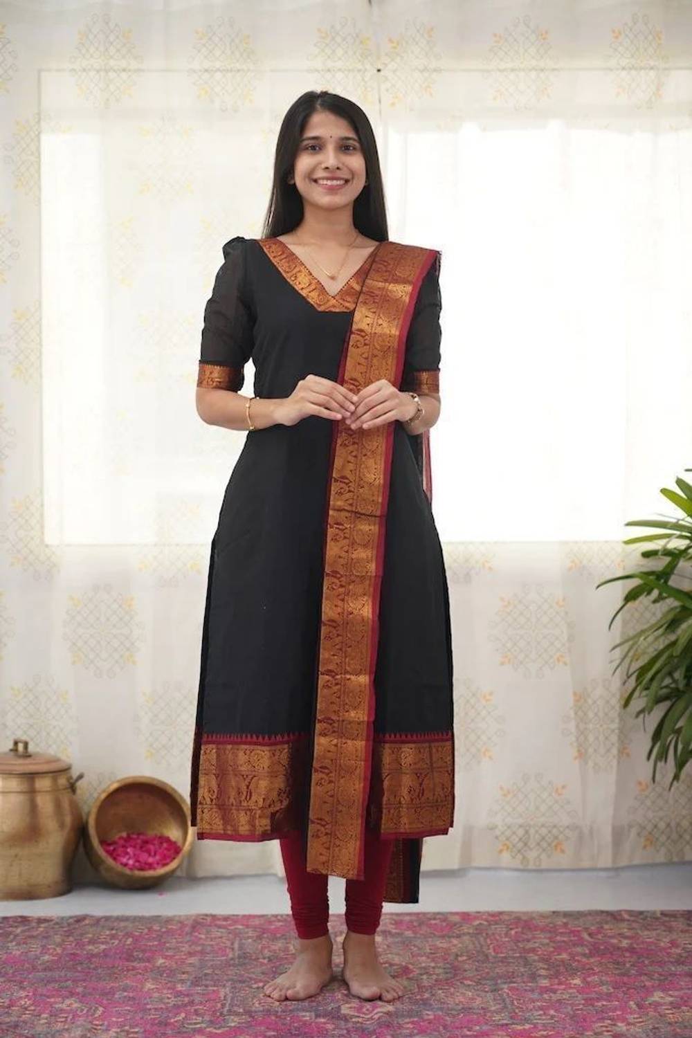 VASTRAHAAR Women Solid Cotton Silk Flared Kurta With Attached Dup