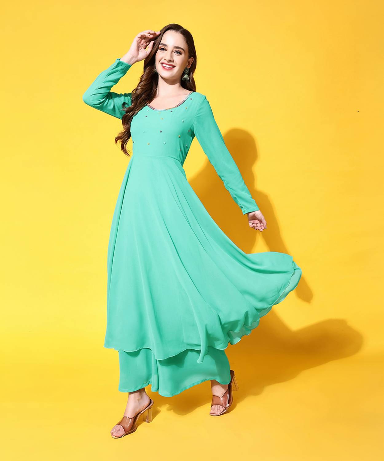 Poshak Hub Women Embroidered Georgette Anarkali Kurta (Light Gree