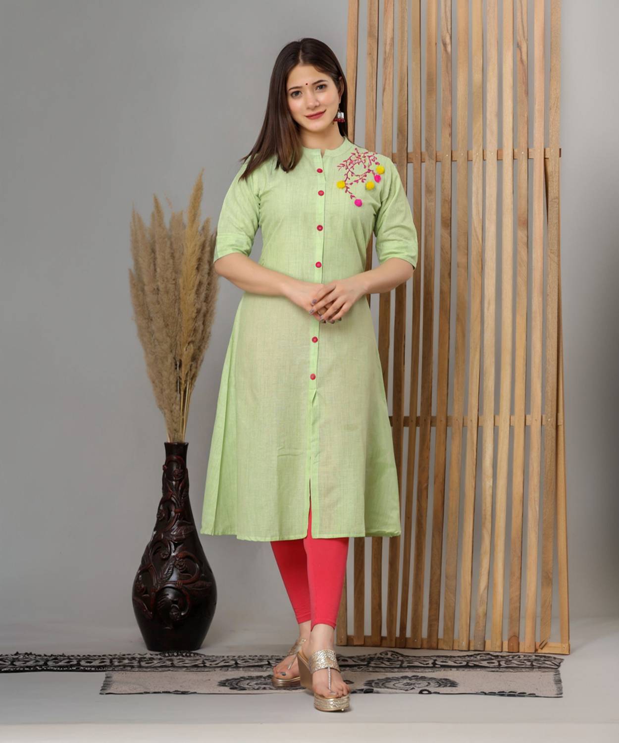 LOOMS21 Women Embroidered Cotton Blend A-line Kurta (Light Green)