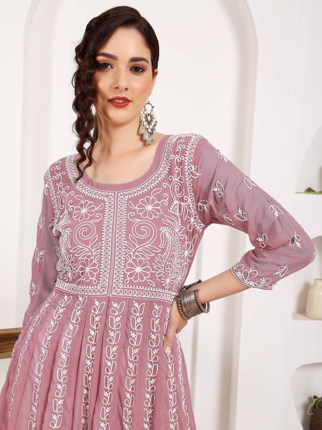 Youthnic Women Chikan Embroidery Georgette Anarkali Kurta (Pink)