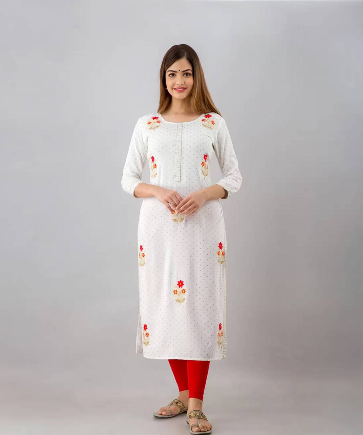 FABRR Women Printed Viscose Rayon Straight Kurta (White)
