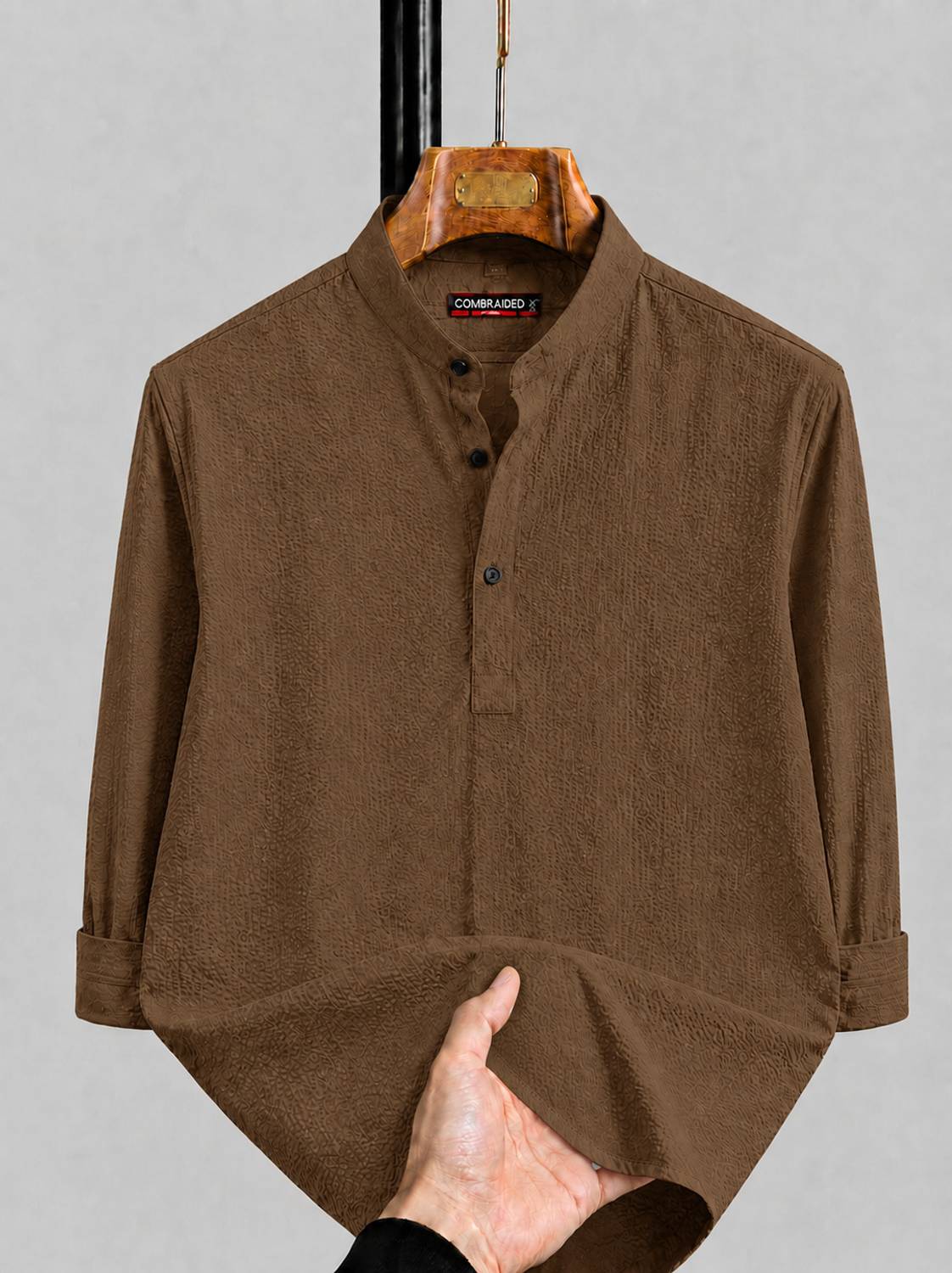 COMBRAIDED Men Brown Self Design Straight Kurta