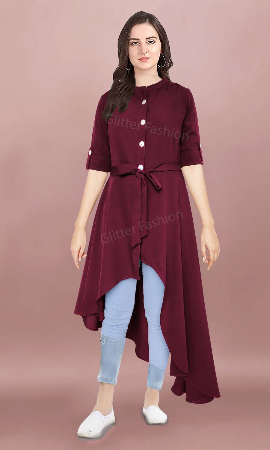 Glitter Fashion Women Solid Crepe Frontslit Kurta (Maroon)