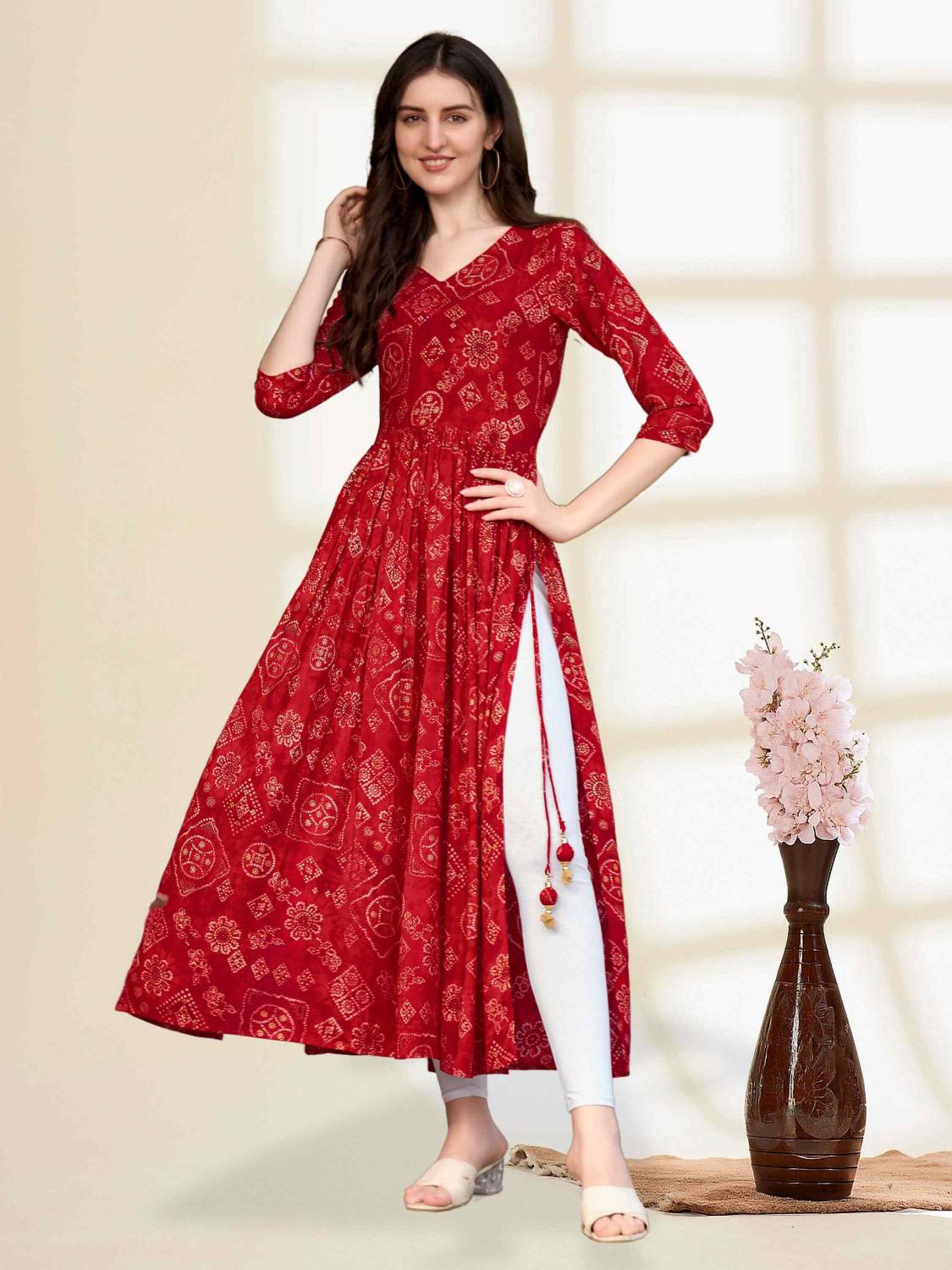 Majesta Women Printed Viscose Rayon Flared Kurta (Red)