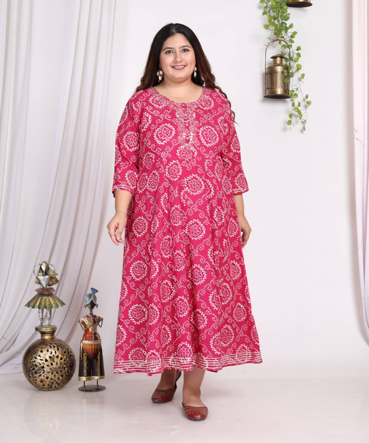Swasti Women Bandhani, Embroidered Cotton Blend Flared Kurta (Pin