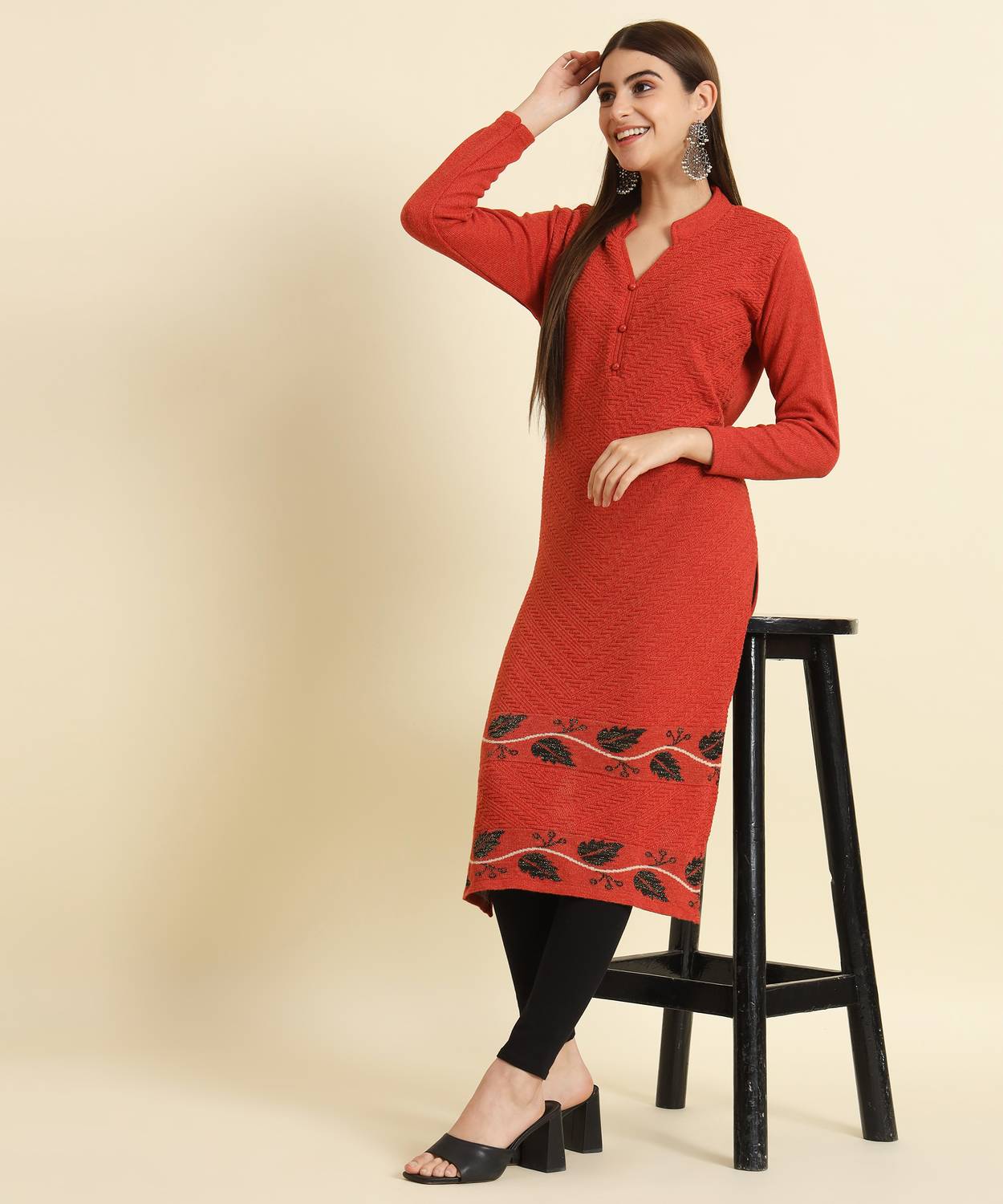 Tracy Women Printed Wool Straight Kurta (Red)