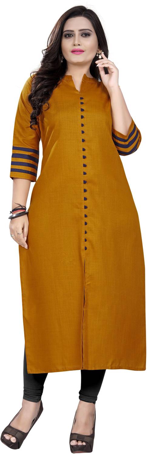 amar tex Women Solid Cotton Blend Straight Kurta (Yellow)