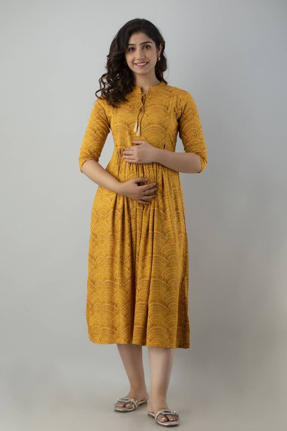 VARICOS Women Geometric Print Viscose Rayon Flared Kurta (Yellow)