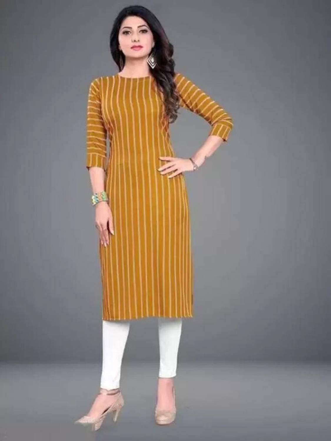 AK Fashion Women Printed Crepe A-line Kurta (Yellow)