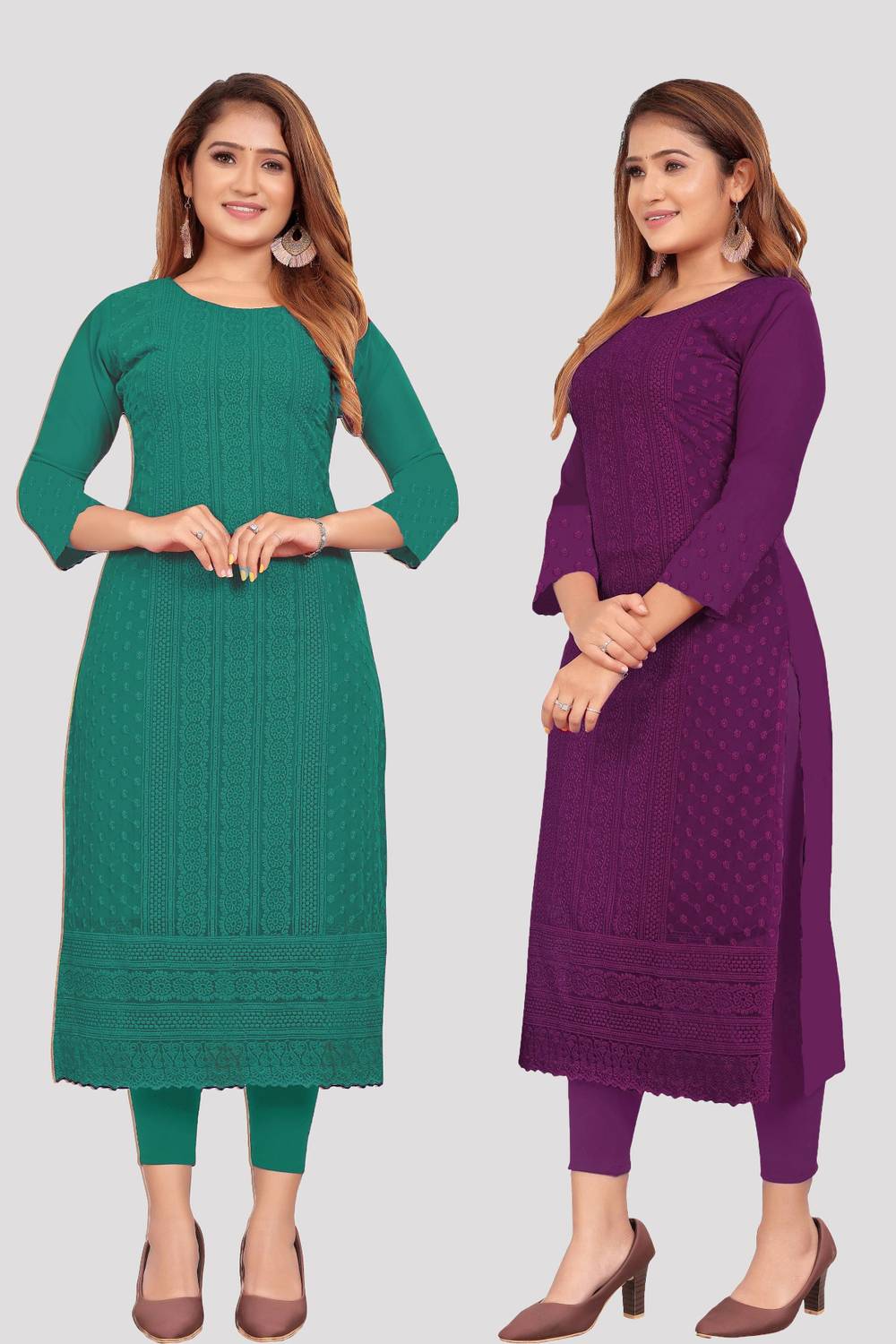 KAYRAAH Pack of 2 Women Chikan Embroidery Georgette Straight Kurt