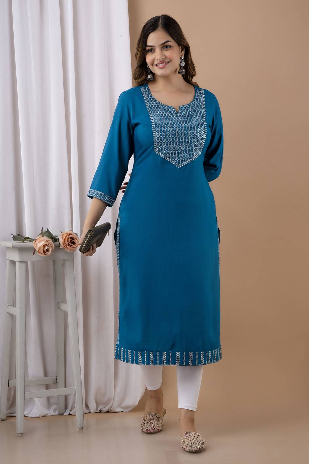 his&her Women Embroidered Viscose Rayon Straight Kurta (Blue)