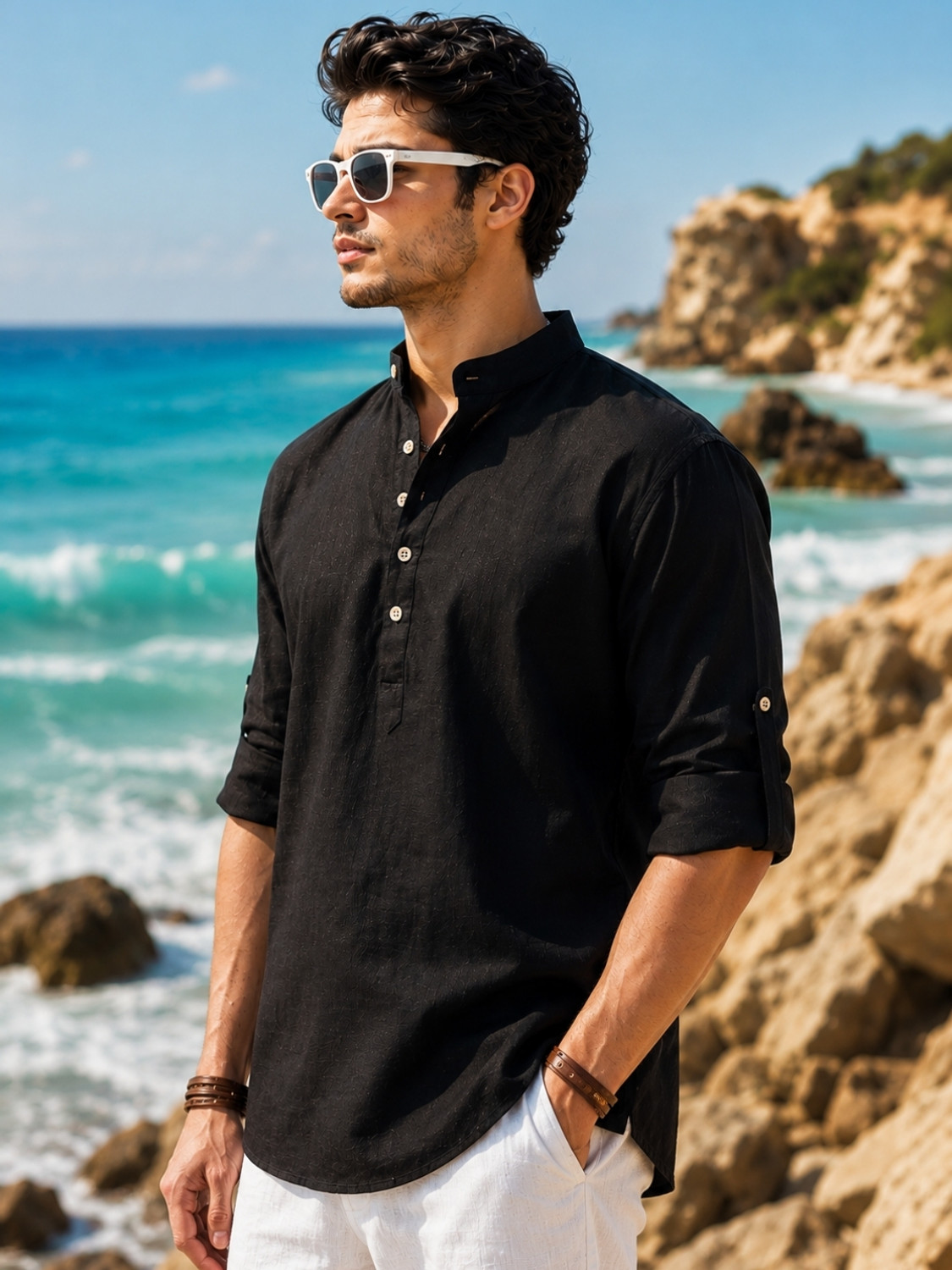 Image of Majestic Man Self Design Cotton Linen Straight Kurta for Men (Black)