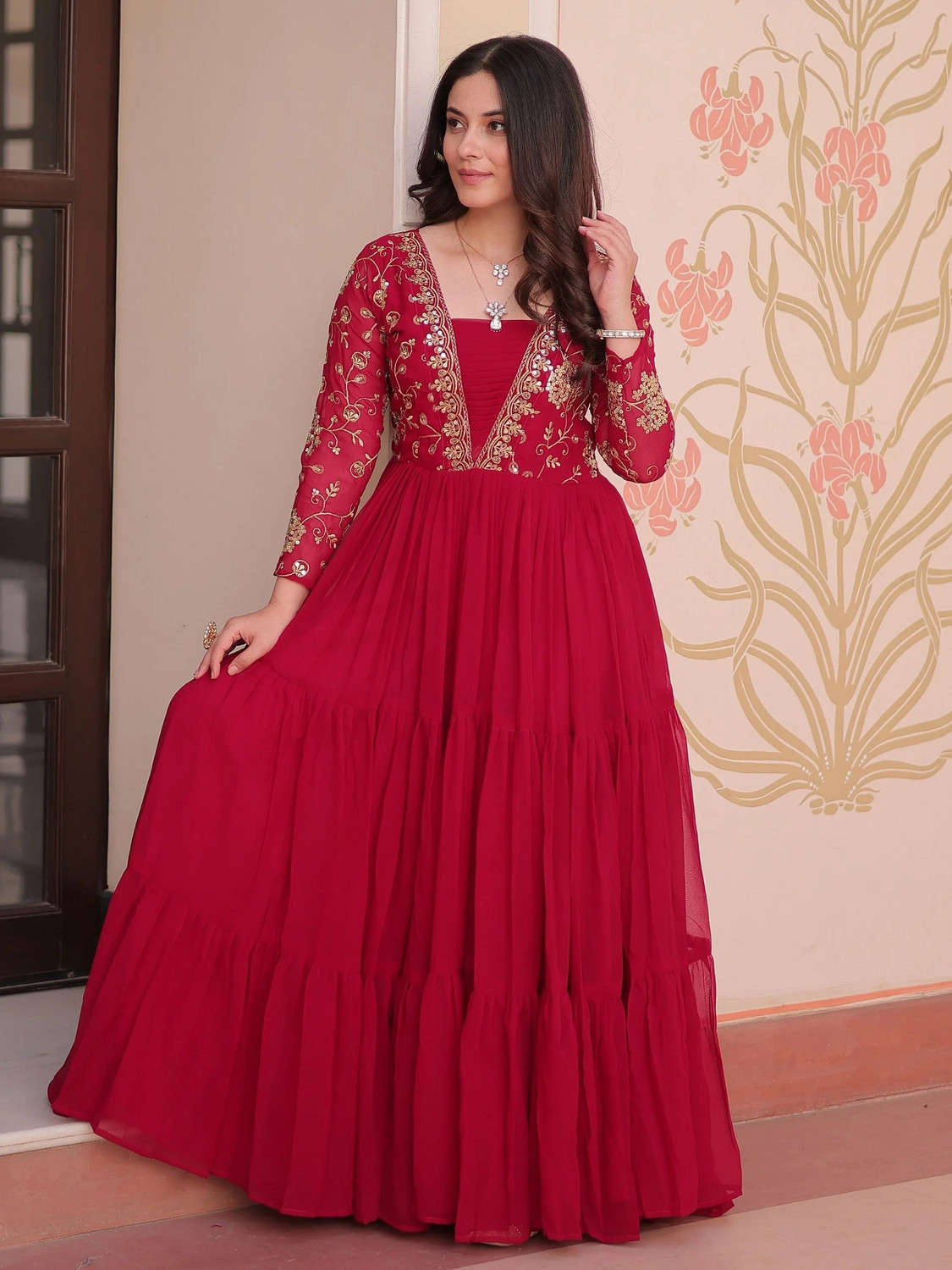 Image of Lazzly Women Embroidered, Woven Design Flared Kurta