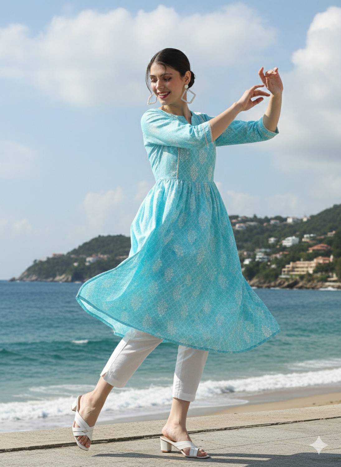 LARGISH Women Printed Pure Cotton A-line Kurta (Blue)