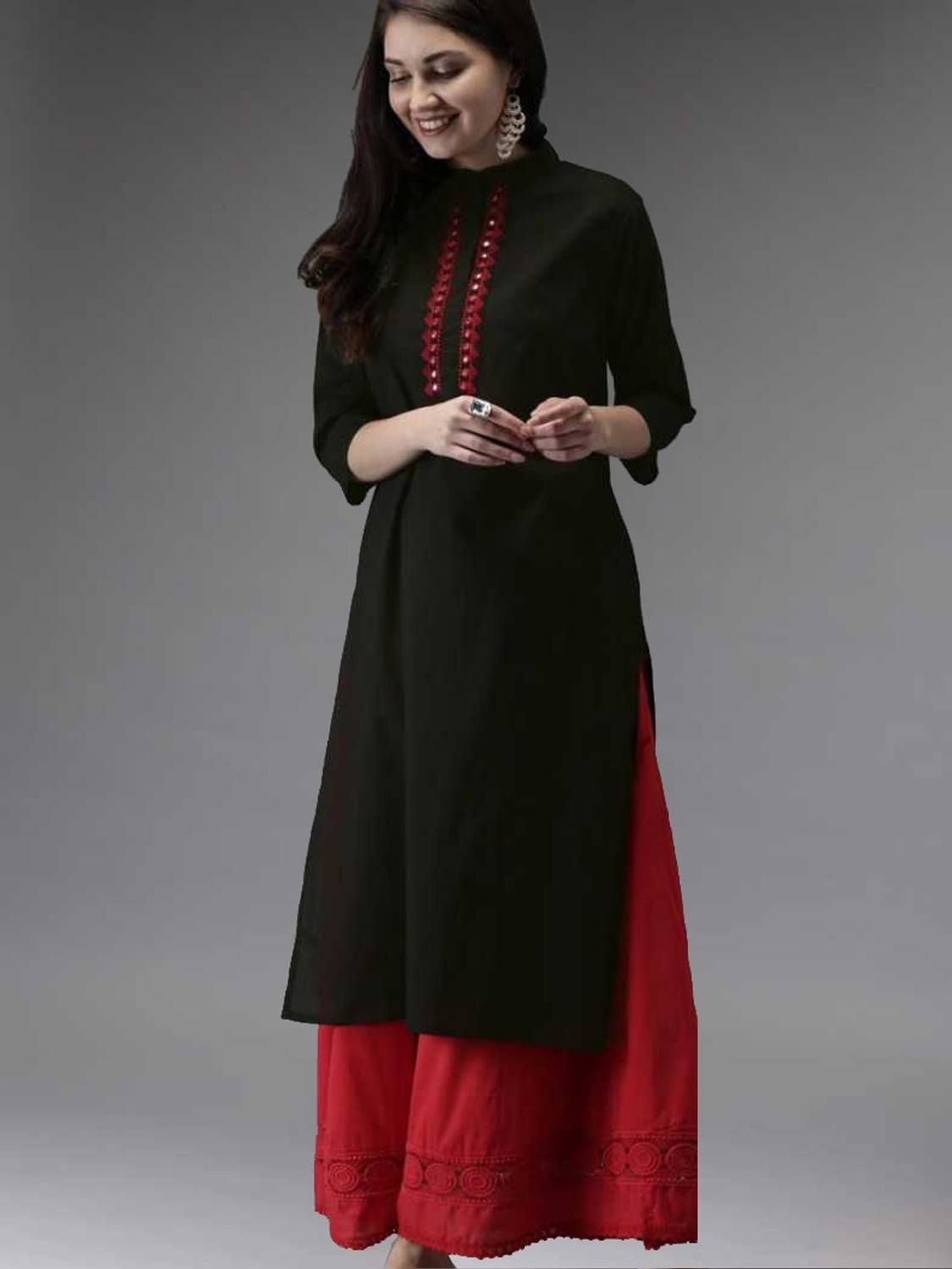 AVYCO Women Embroidered Viscose Rayon Straight Kurta (Black)