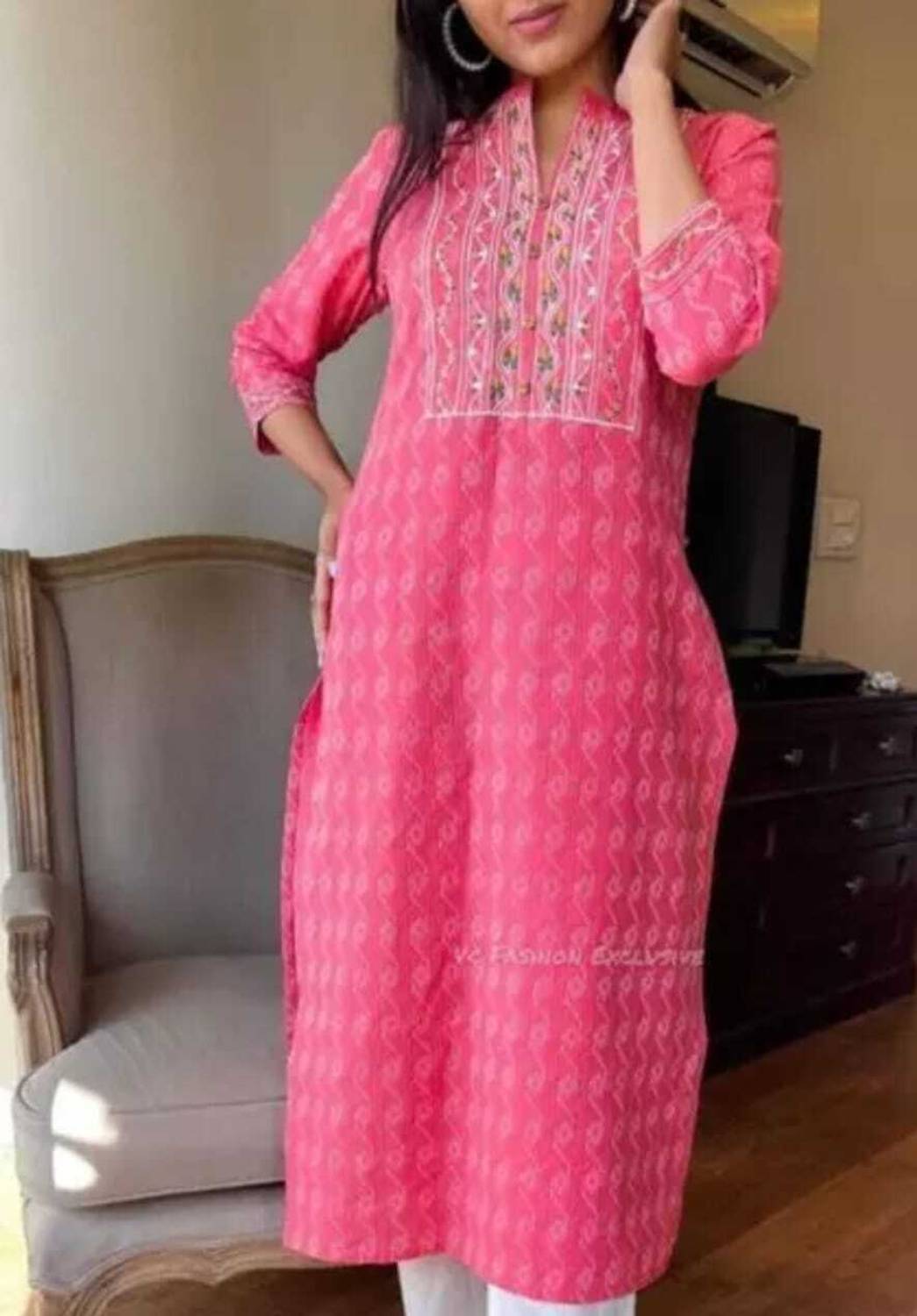 Arsh collection Women Embellished Khadi Cotton A-line Kurta (Pink