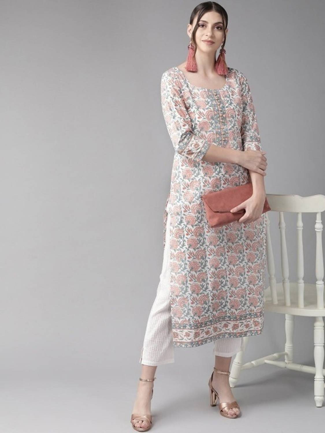 NEW STYLISH Women Self Design Cotton Blend Straight Kurta (Light
