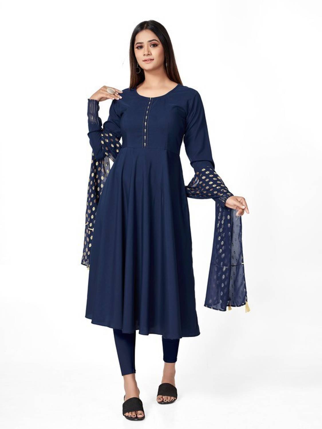 Diamoon Women Solid Crepe Anarkali Kurta With Attached Dupatta (B