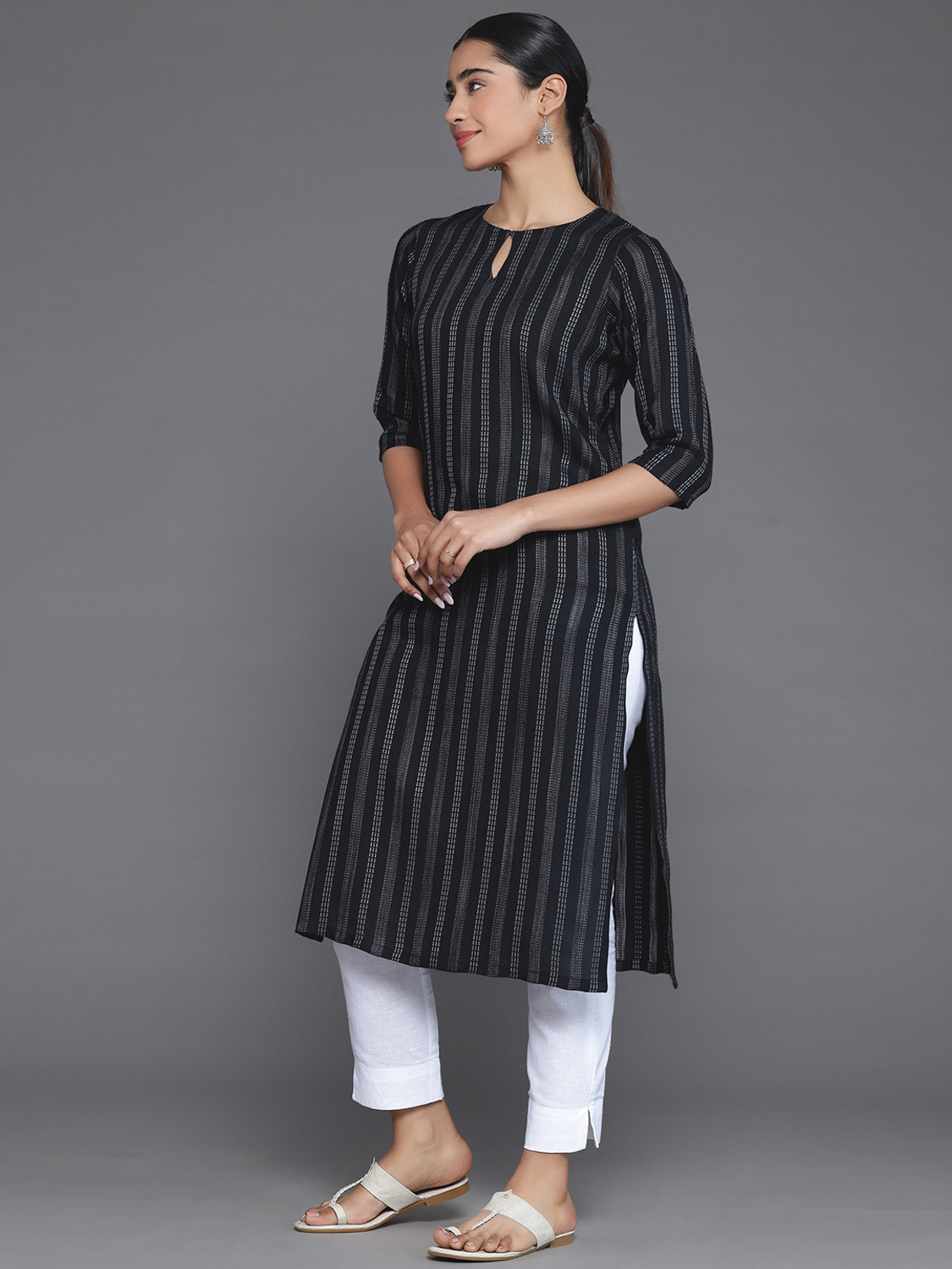 Image of LIBAS Striped Viscose Rayon Straight Kurta for Women (Dark Blue, Grey)