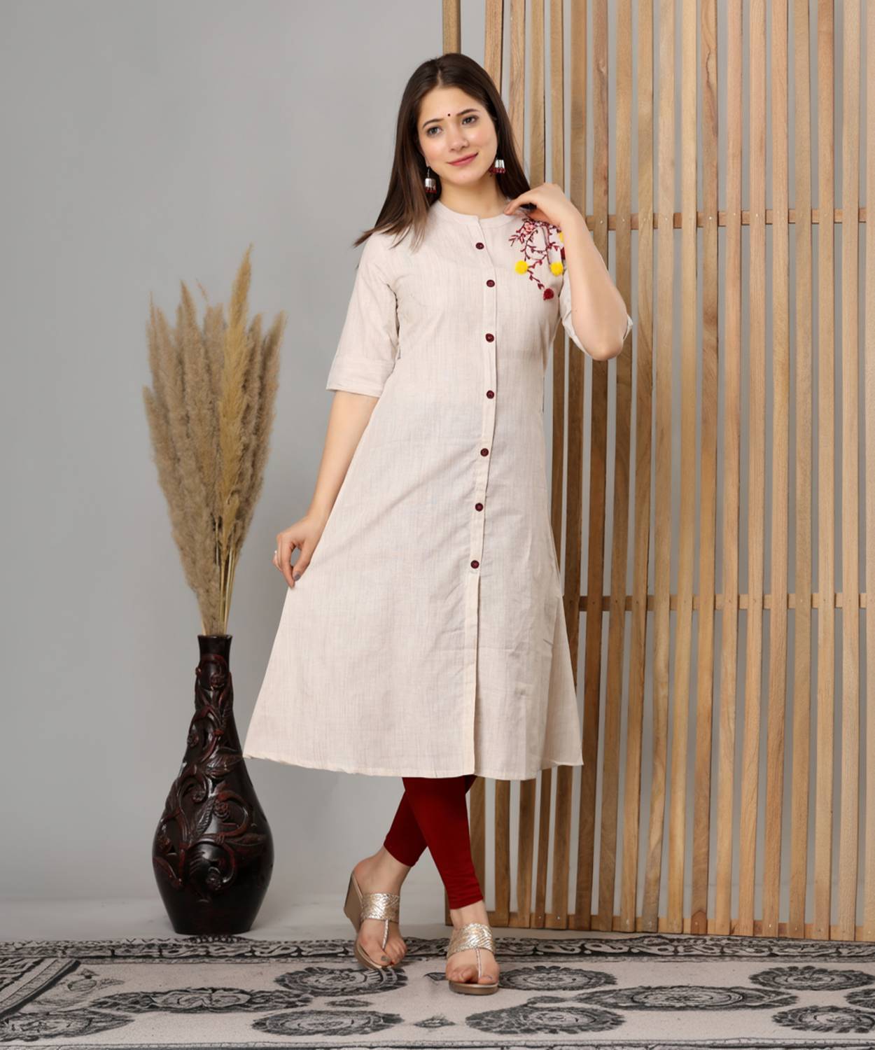 Dizon Women Embroidered Cotton Blend A-line Kurta (Light Blue)
