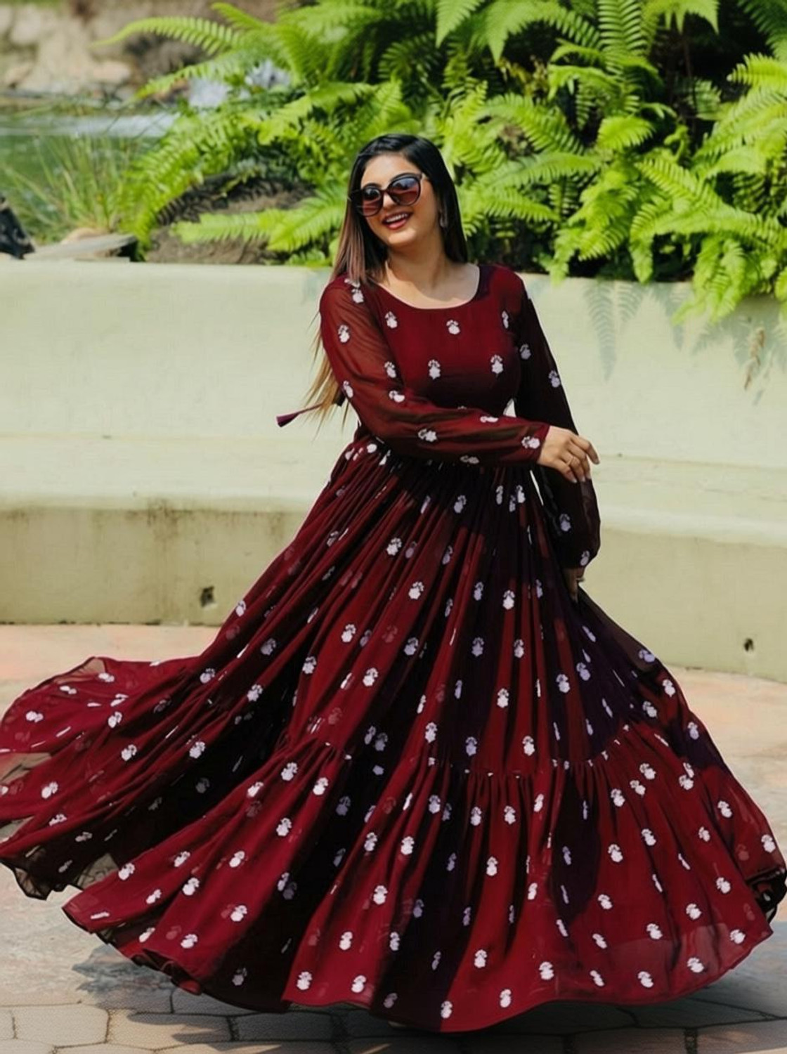 Image of FOXDX Embroidered Georgette Anarkali Kurta for Women (Maroon)