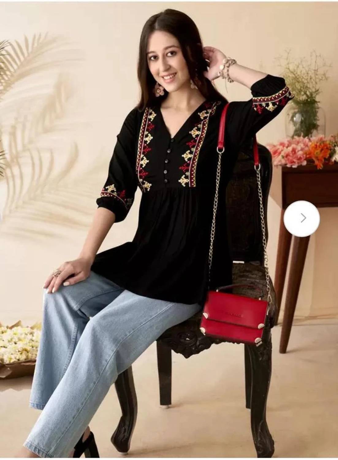 Emica Women Embroidered Viscose Rayon Flared Kurta (Black)