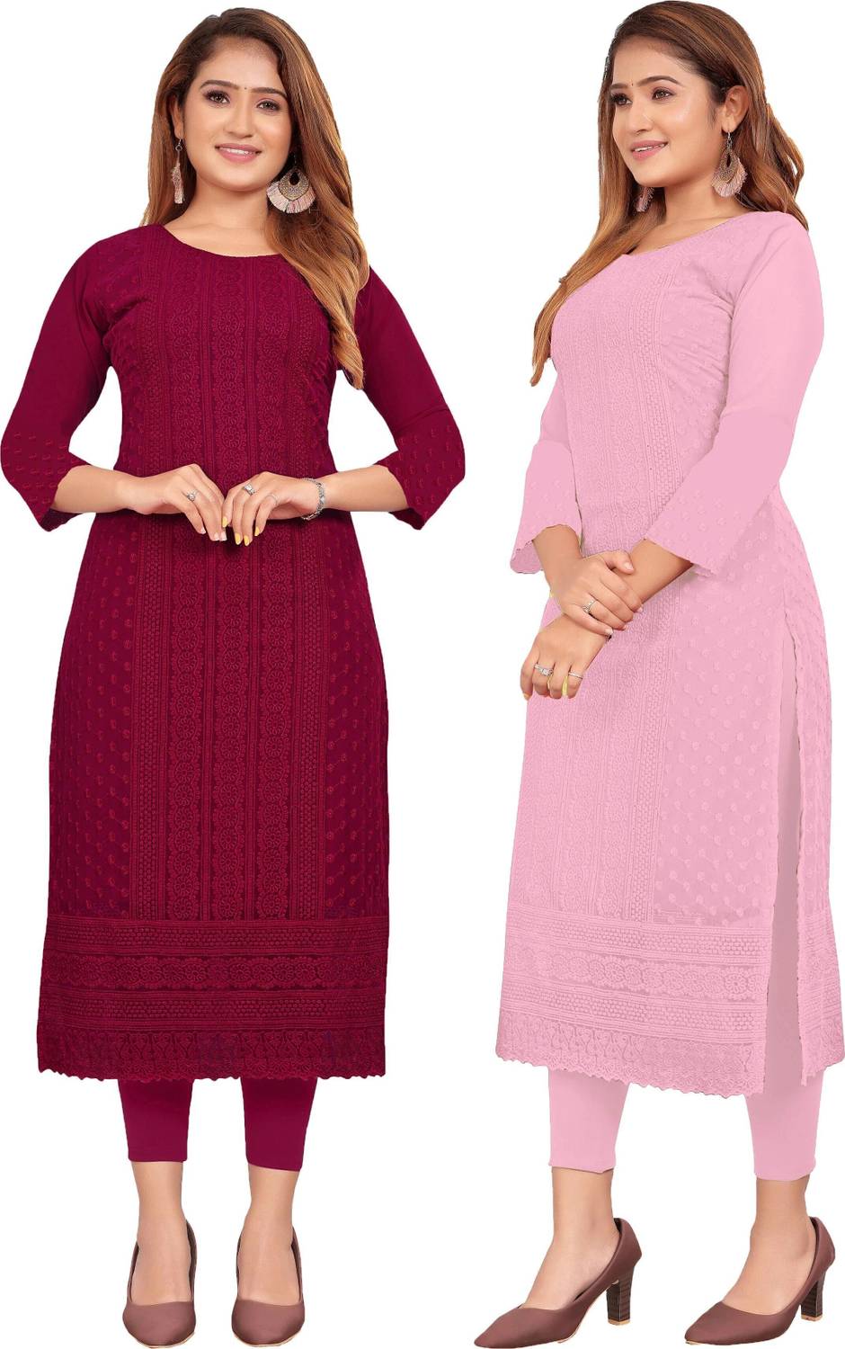 KAYRAAH Pack of 2 Women Chikan Embroidery Georgette Straight Kurt