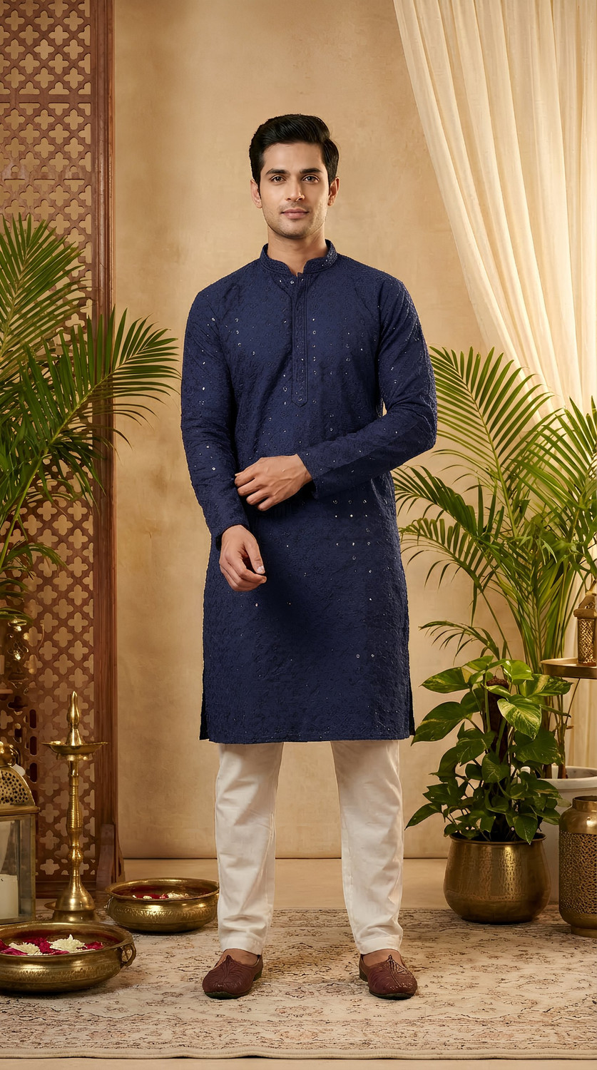Image of ADHIRAJAN Men Embellished Straight Kurta