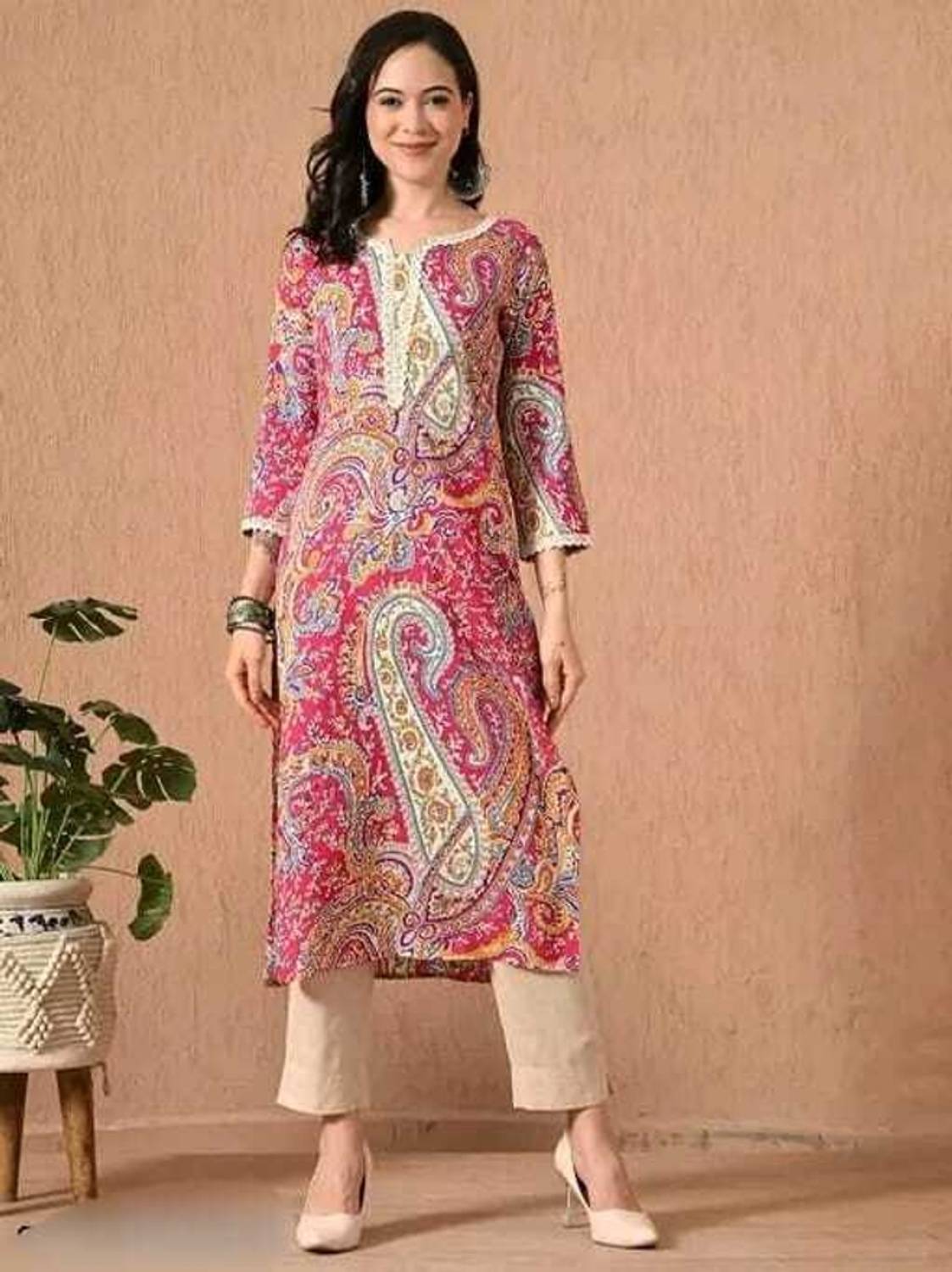 VEDRAJ Women Printed, Embellished Viscose Rayon A-line Kurta (Pin