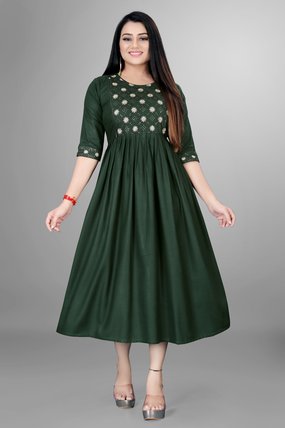 Image of sheladiya Women Fit and Flare Green Midi /Calf Length Dress