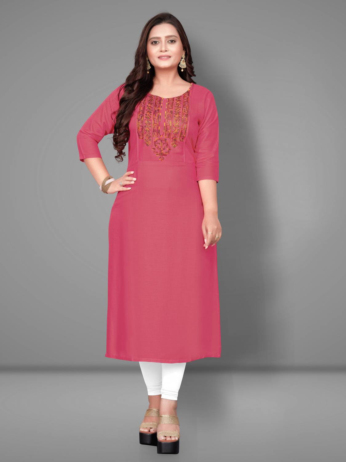 Hetsa Women Embroidered Viscose Rayon Straight Kurta (Pink)