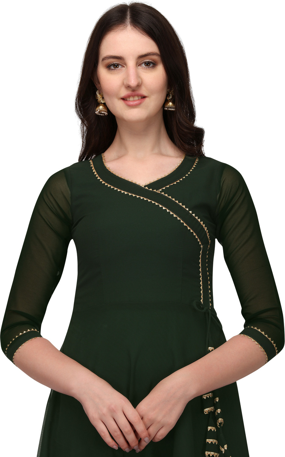 Image of HESVI Solid Georgette Anarkali Kurta for Women (Green)
