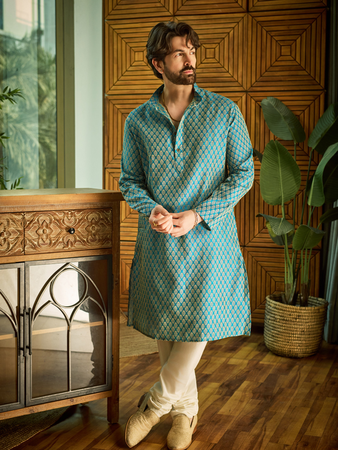 Image of SOJANYA Woven Design Jacquard Straight Kurta for Men (Blue)