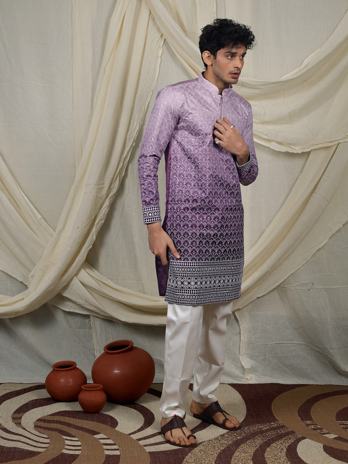 Image of Varbandhan Embroidered Silk Blend Straight Kurta for Men (Purple)