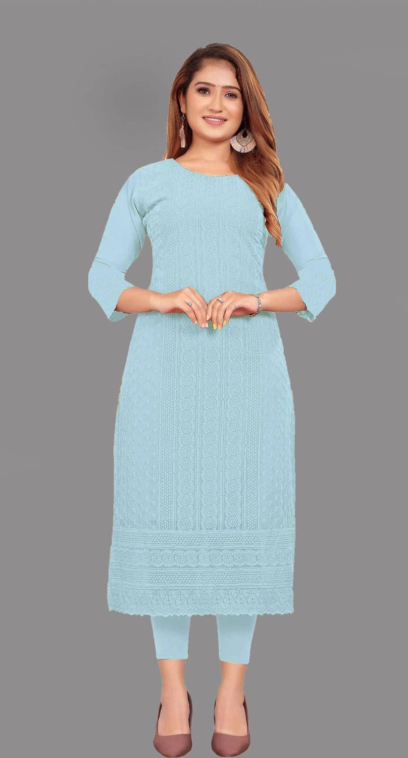 KAYRAAH Women Chikan Embroidery Georgette Straight Kurta (Light B