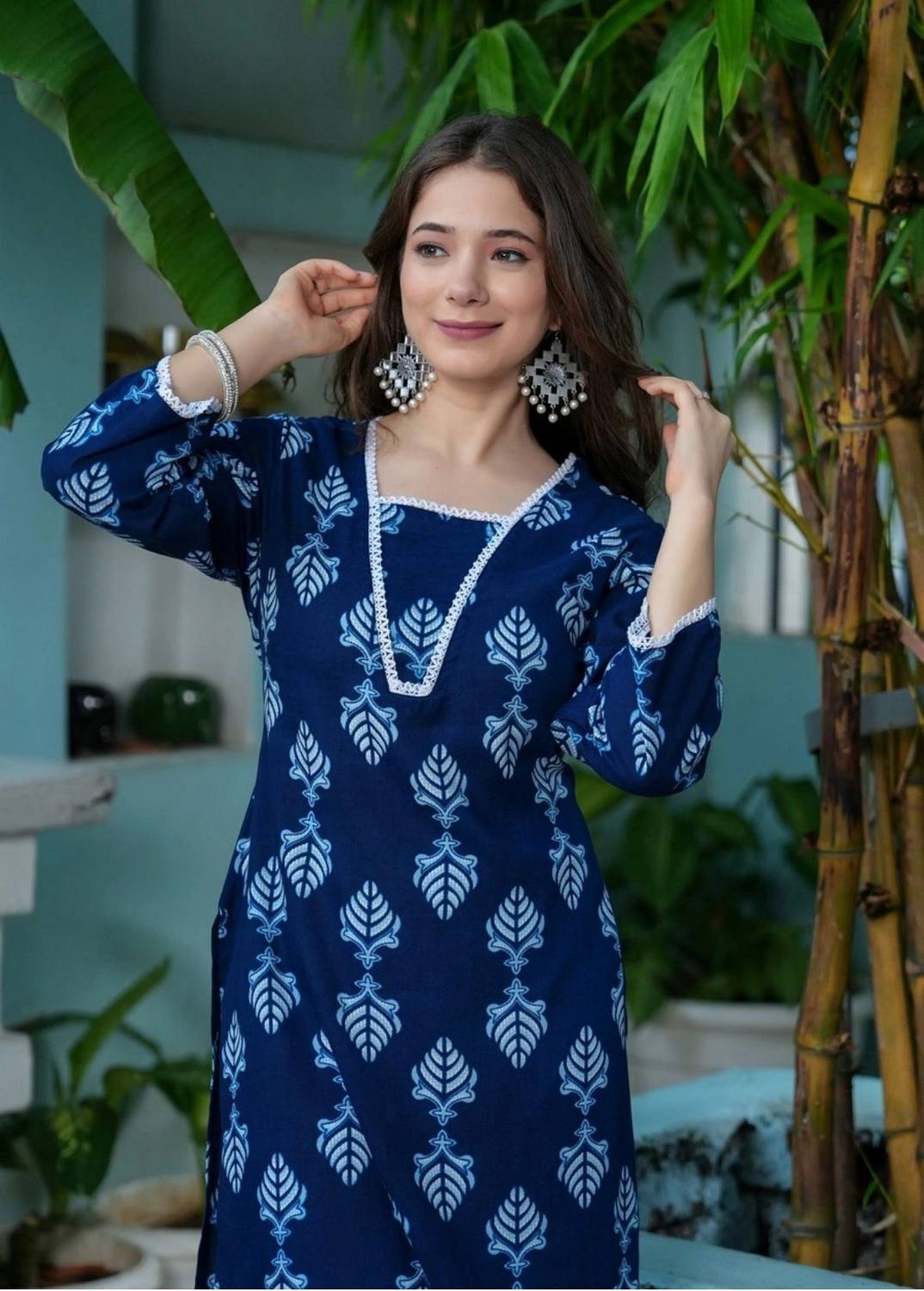 InayaTextile Women Printed Cotton Rayon A-line Kurta (Blue)