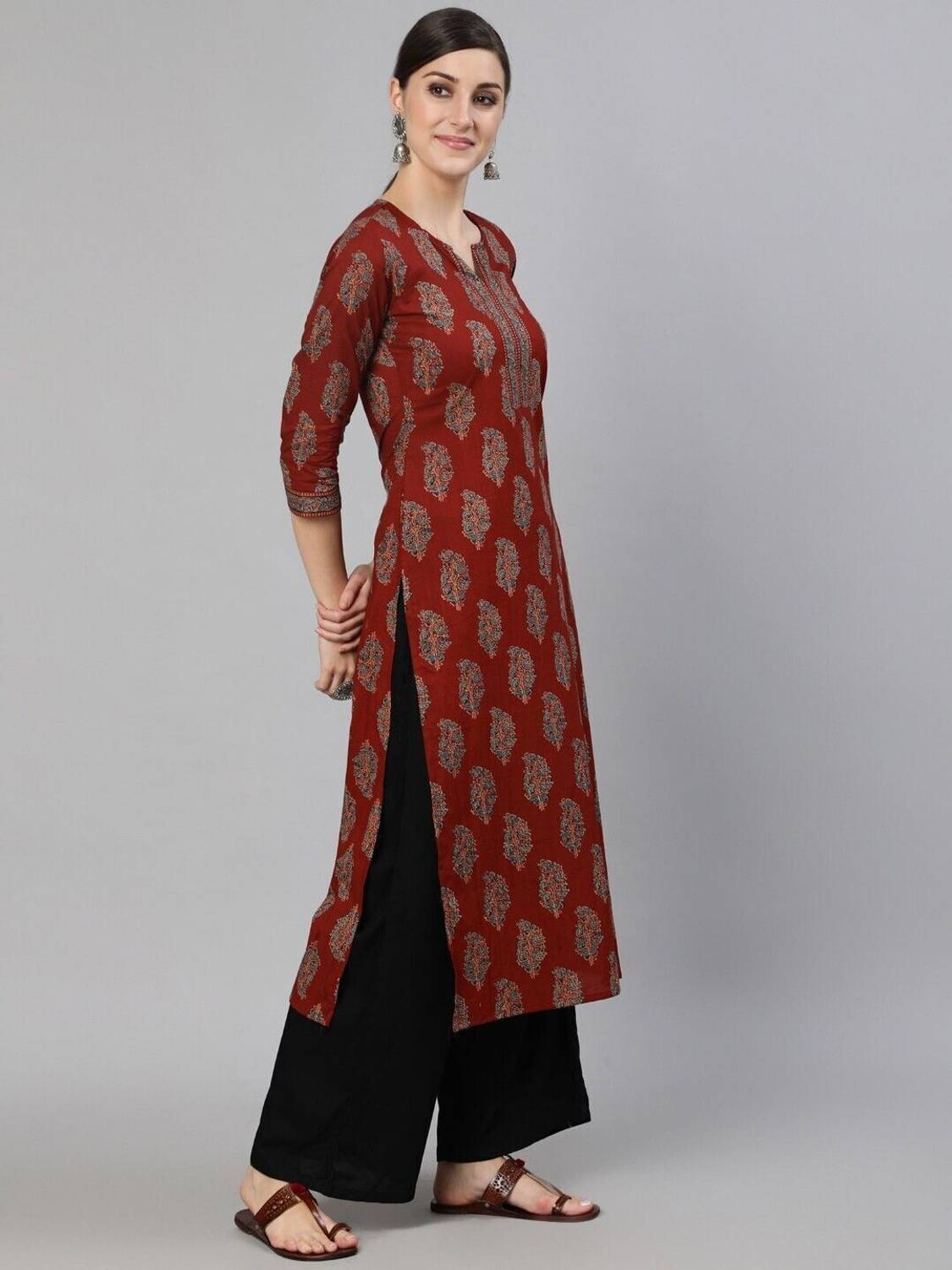 Fyunl Women Printed Straight Kurta Red - Image 3